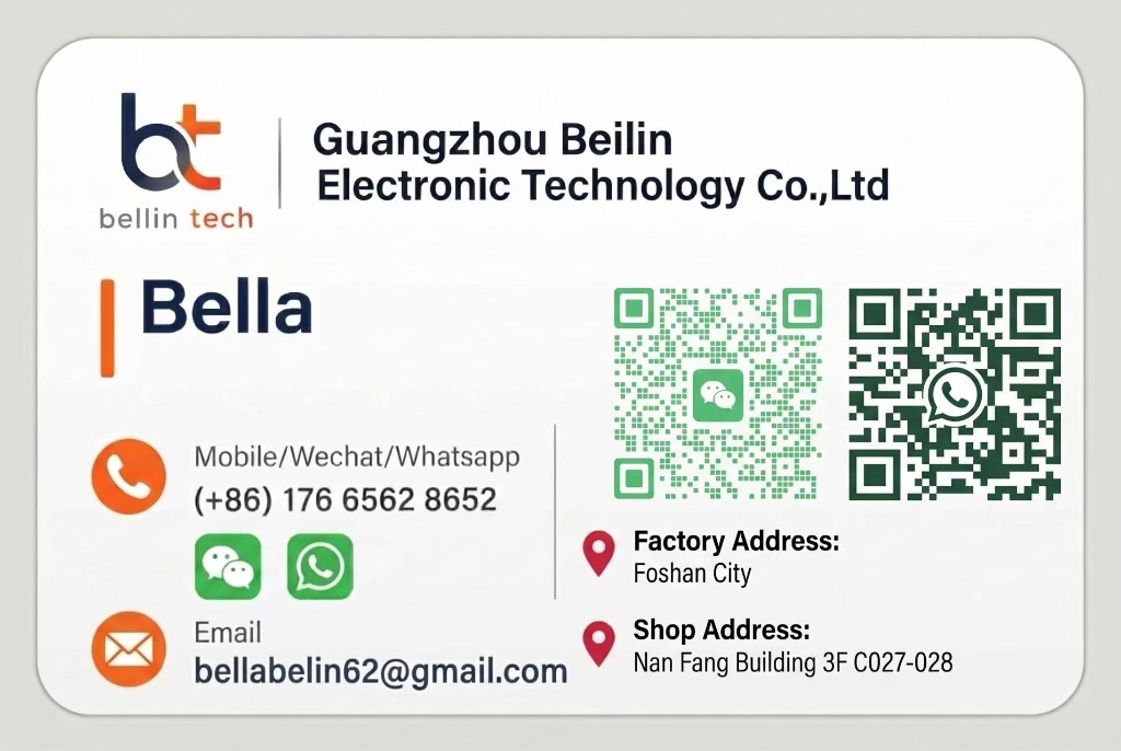 Tarjeta de presentación de Bella - Guangzhou Beilin Electronic Technology Co., Ltd con códigos QR de WeChat y WhatsApp